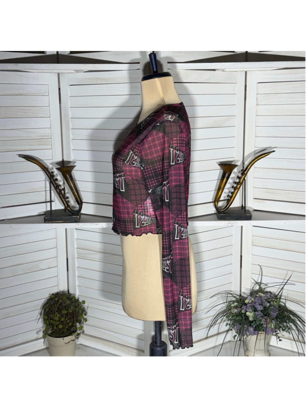 NWOT Social Tourist mesh crop top Hollister plaid long sleeves punk alt grunge M - Picture 4 of 11